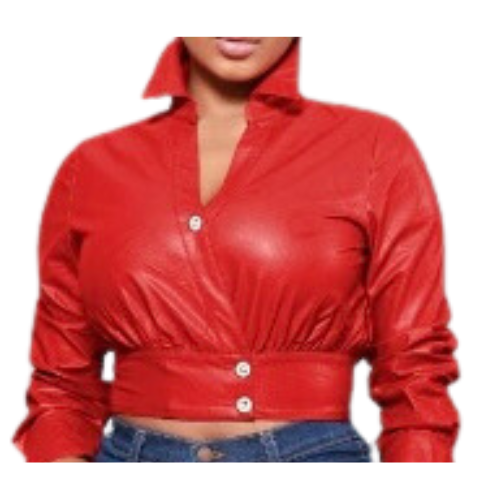 Ke Faux Leather Button Front Crop Top