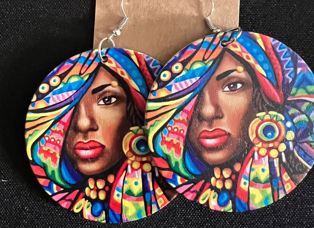 African Queen Portrait Wooden Earrings