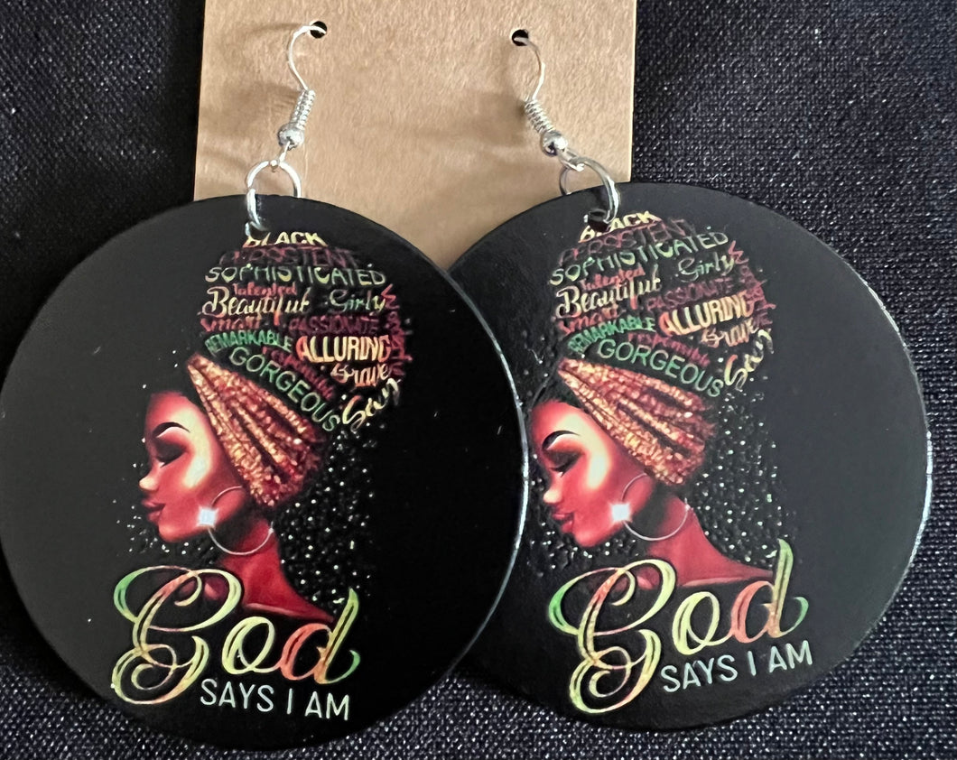 God Says I Am Wooden Earrings